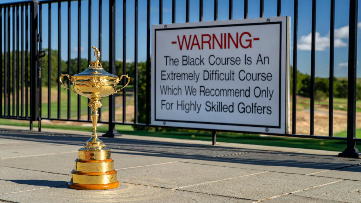 The Ryder Cup trophy outside the gates of Bethpage Black